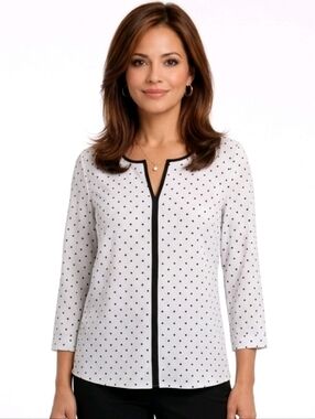 41 Hawthorne Black & White Polka-dot Split Neck 3/4 Sleeve  Blouse Size M